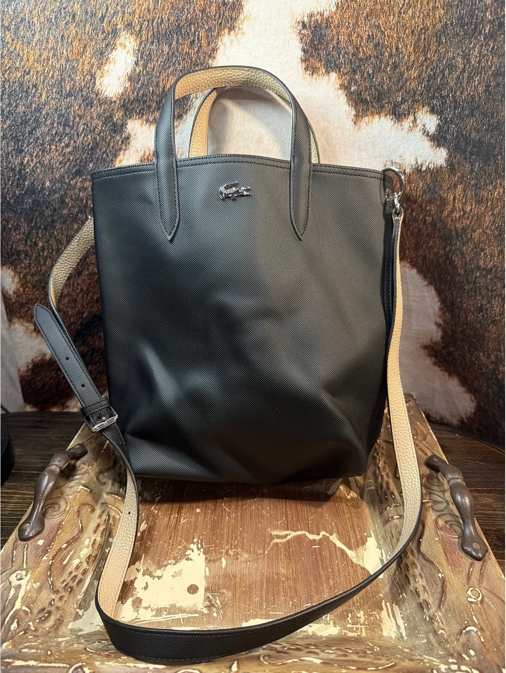 Lacoste Black and Beige Leather Tote Bag with Adjustable Strap